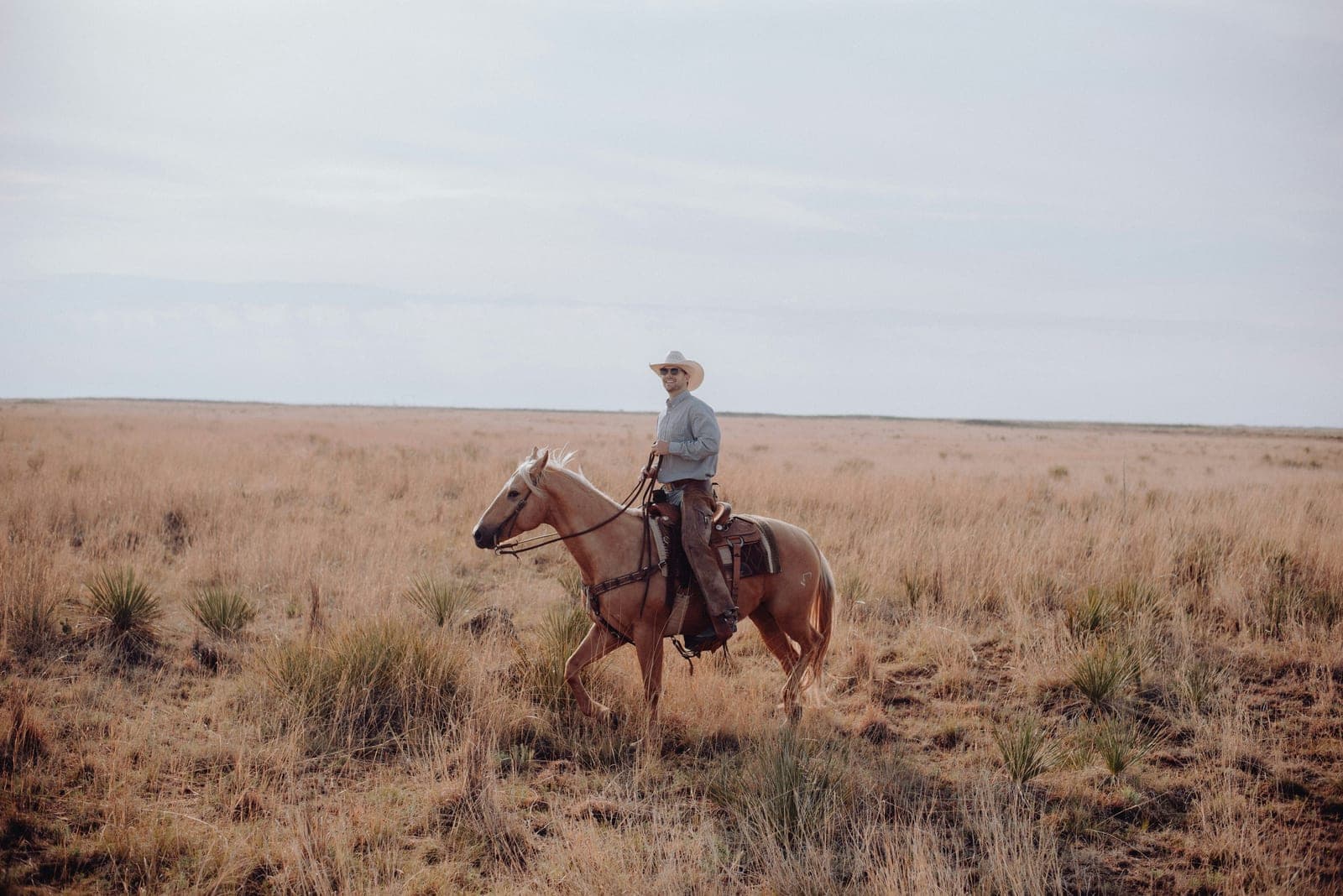 A rider in a cowboy hat on a palomino horse in open grassland
